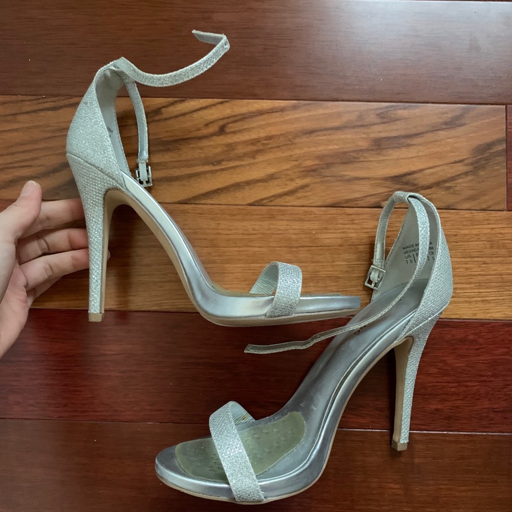 Silver Sparkly Ankle Strap Stiletto Heels